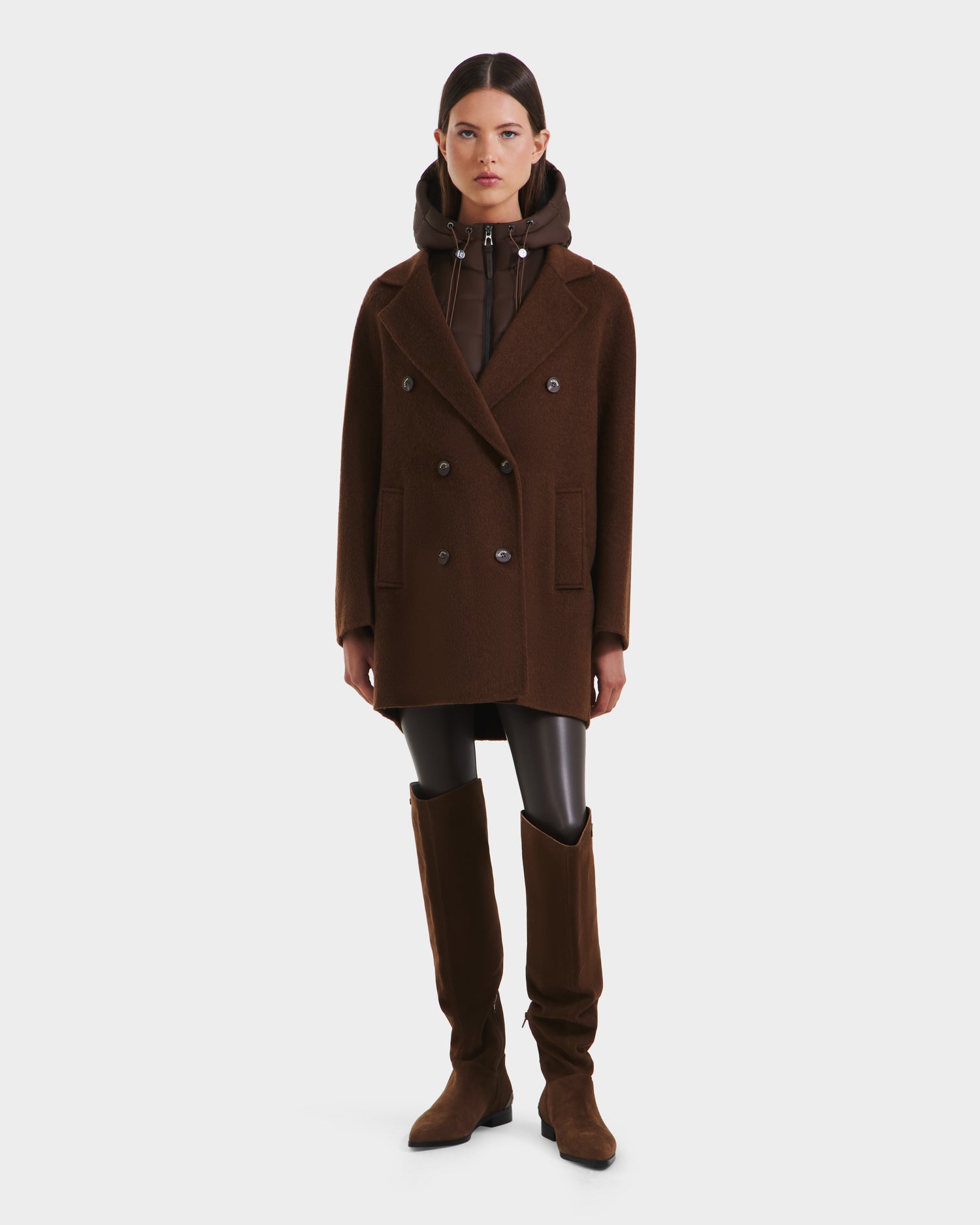 A woman in the Rudsak BETHANY - 8125625 Mocha 3-in-1 coat made from a wool-silk-yak blend.