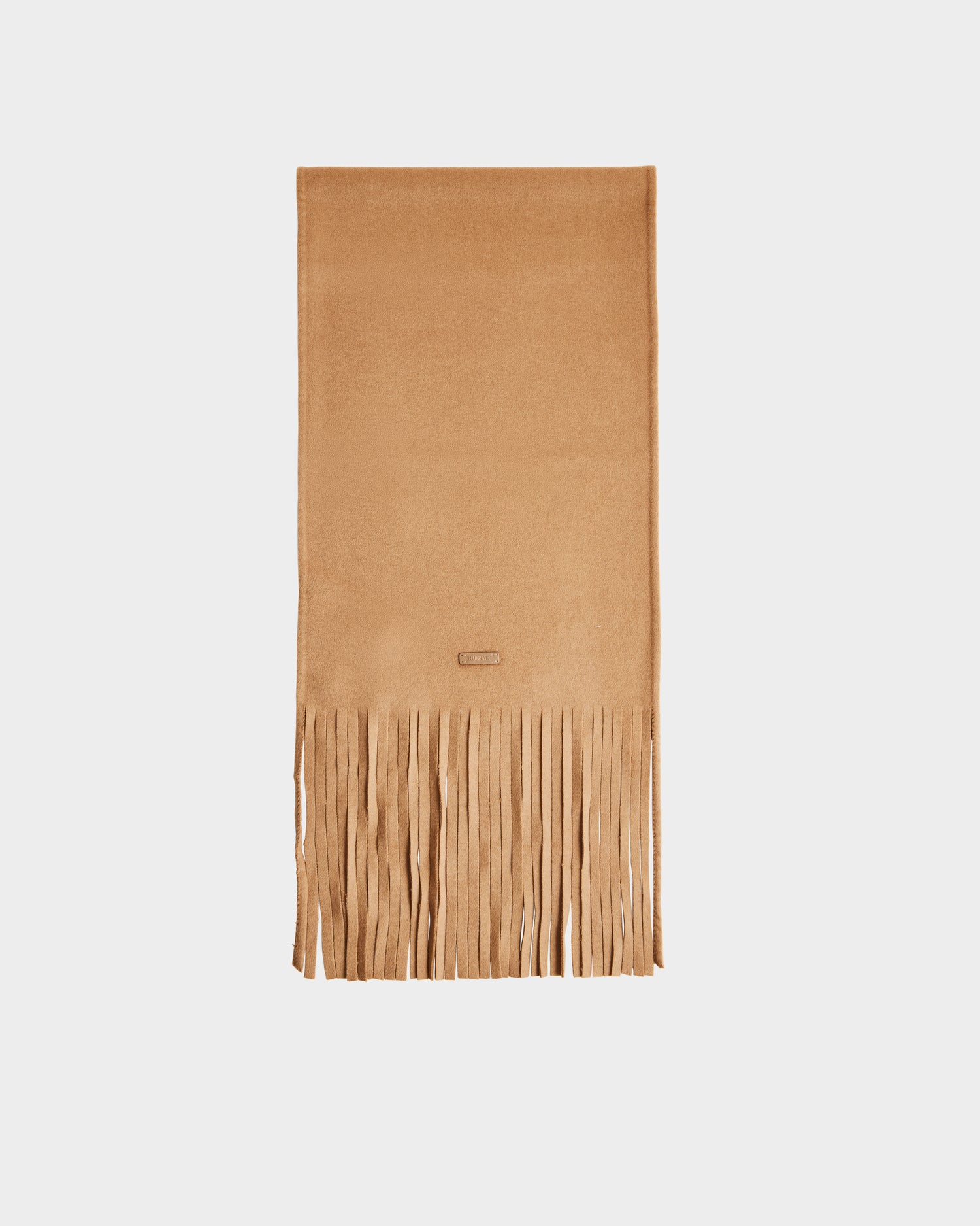 The Rudsak CALEN - 8425532 Camel is a light brown wool-blend scarf with long fringes, shown flat on a plain white background.