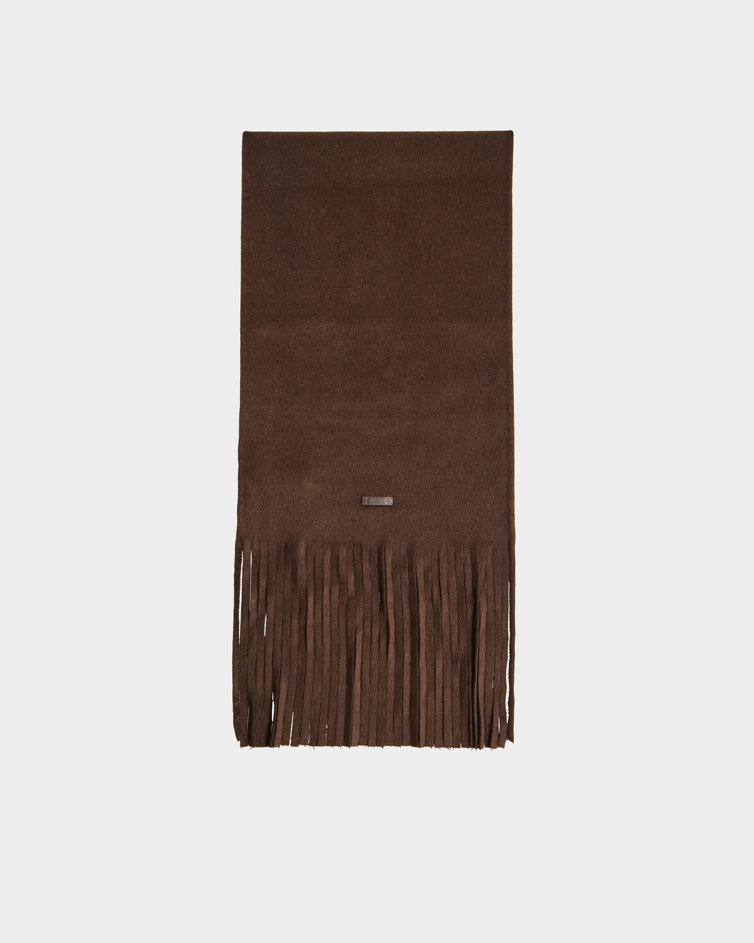 The CALEN - 8425532 Espresso by Rudsak is a brown wool blend unisex scarf with fringe edges, shown flat on a white background—an ideal cold-weather accessory.