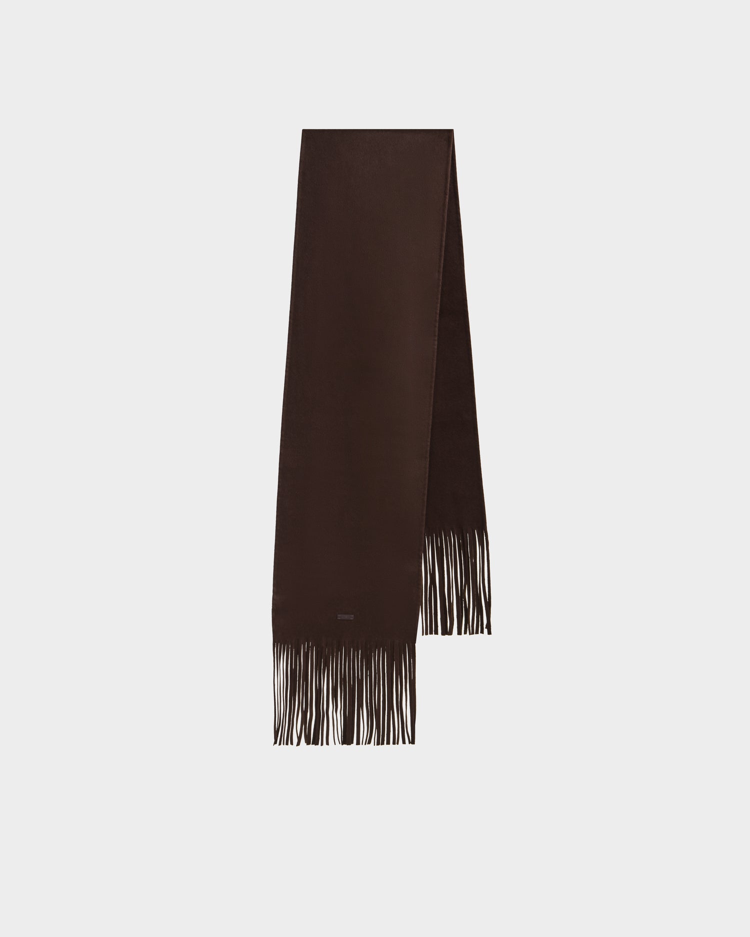 The Rudsak CALEN - 8425532 Espresso scarf is a long, dark brown wool blend accessory with fringed ends, perfect for any gender and cold weather, shown against a white background.