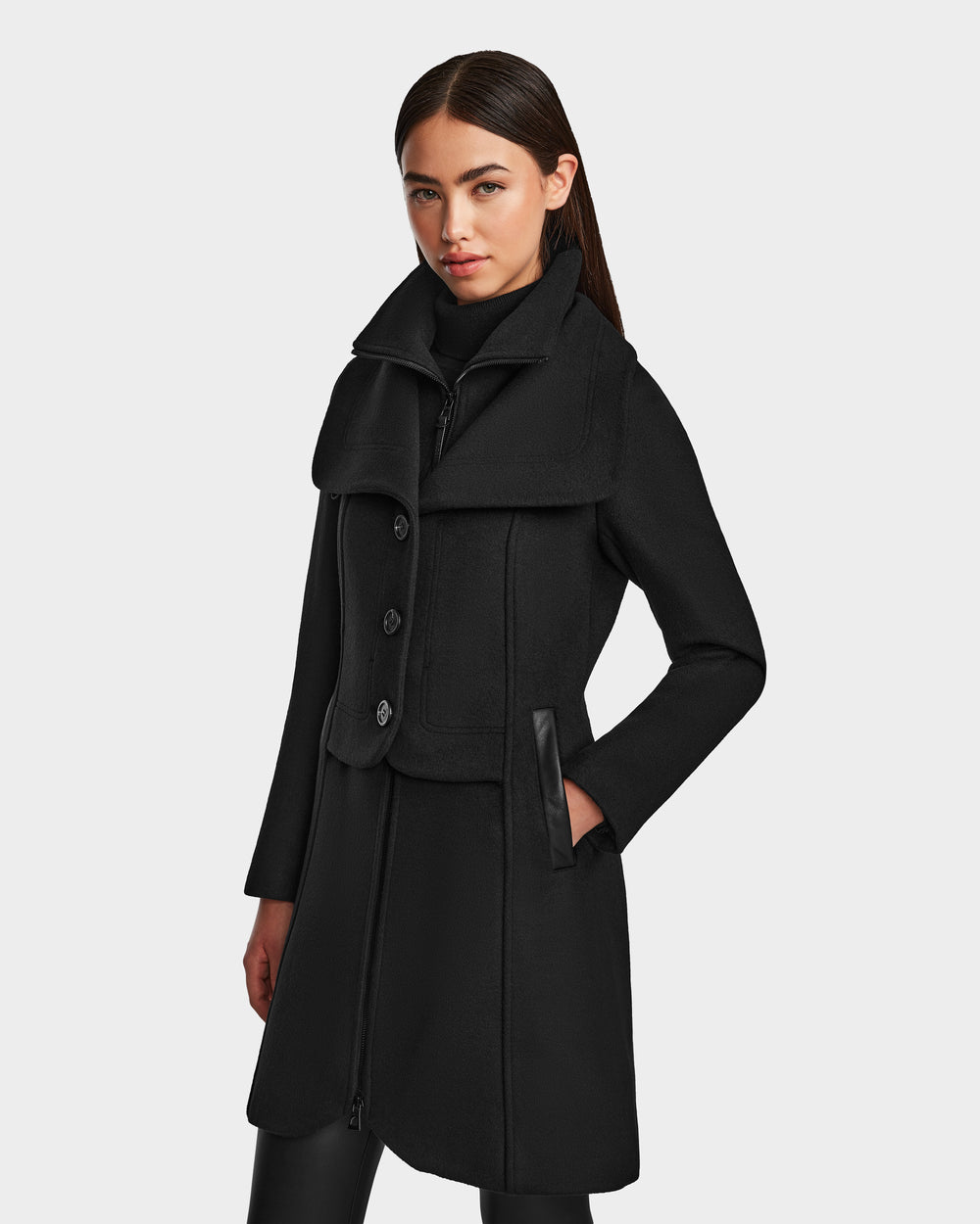 RUDSAK CAROLINE Black Wool Blend Coat | Elegant Vegan Leather RUDSAK CAROLINE Black Wool Blend Coat | Elegant Vegan Leather
