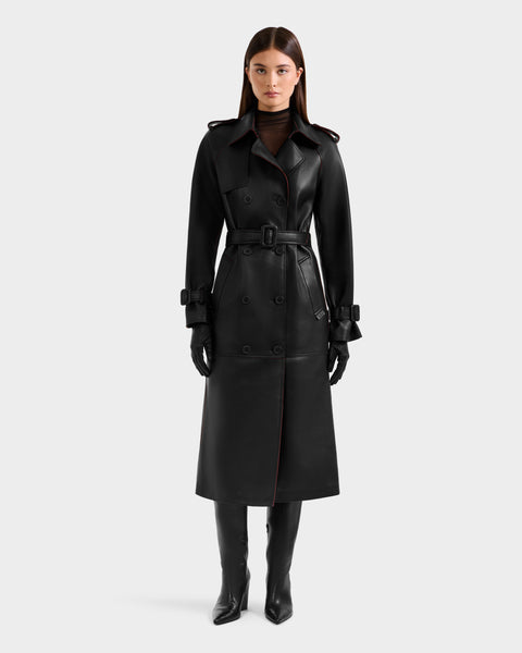 CASSIE L-B Women's Black Leather Trench Coat - Timeless & Tailored