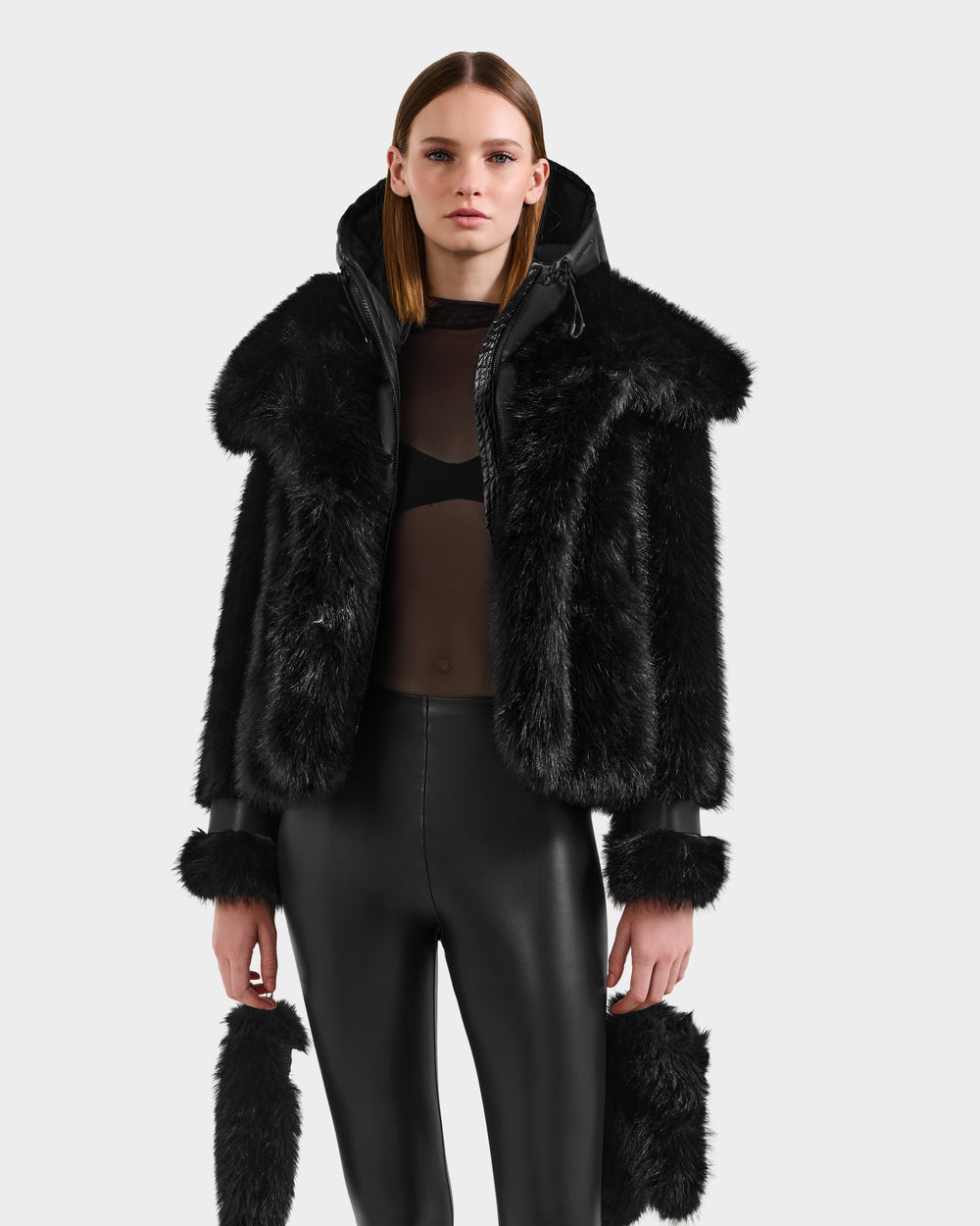 RUDSAK CHLOE Black Faux Fur Jacket | Women's Vegan Leather Trim RUDSAK CHLOE Black Faux Fur Jacket | Women's Vegan Leather Trim