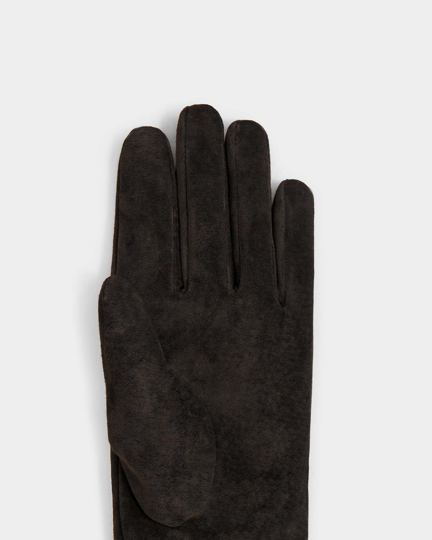 The image features the Rudsak FLORA - L425542 Espresso women's suede glove, displayed upright with the palm side facing up against a light gray background—an elegant winter accessory.