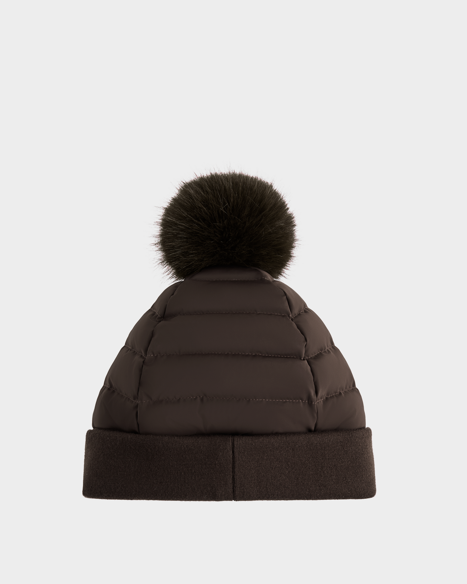The Rudsak GALA - 8424514 Espresso is a brown quilted winter hat with a wide folded brim and a large, dark faux fur pom pom, shown against a plain light background.