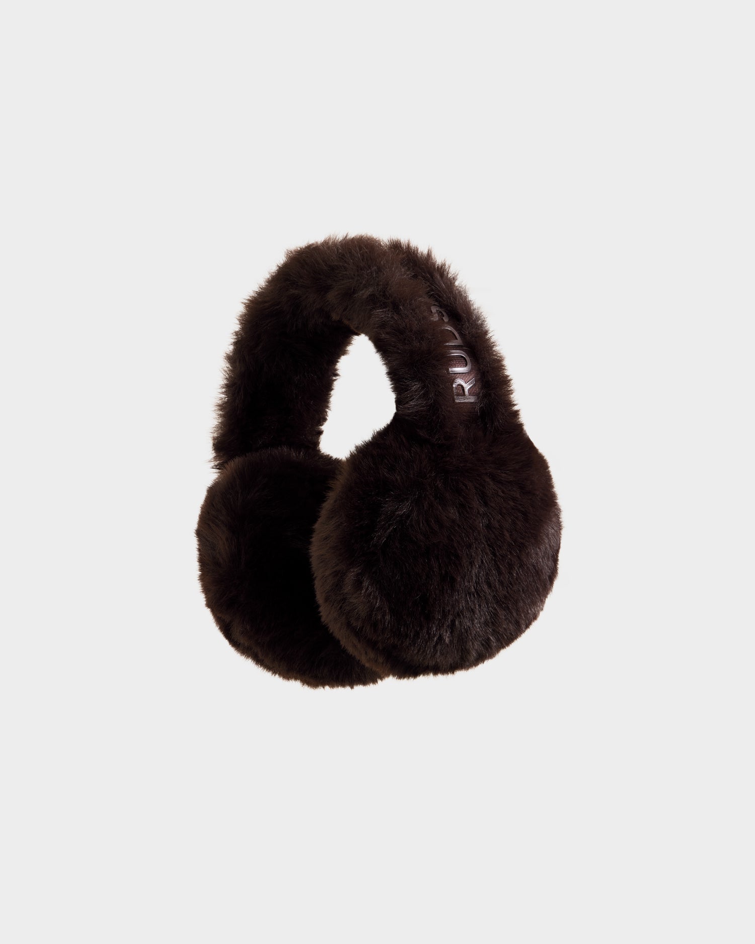 The LAINA F - L423501 Espresso by Rudsak are fluffy, dark brown faux fur ear muffs featuring light embroidered details on the headband—perfect as stylish winter accessories, shown against a plain white background.