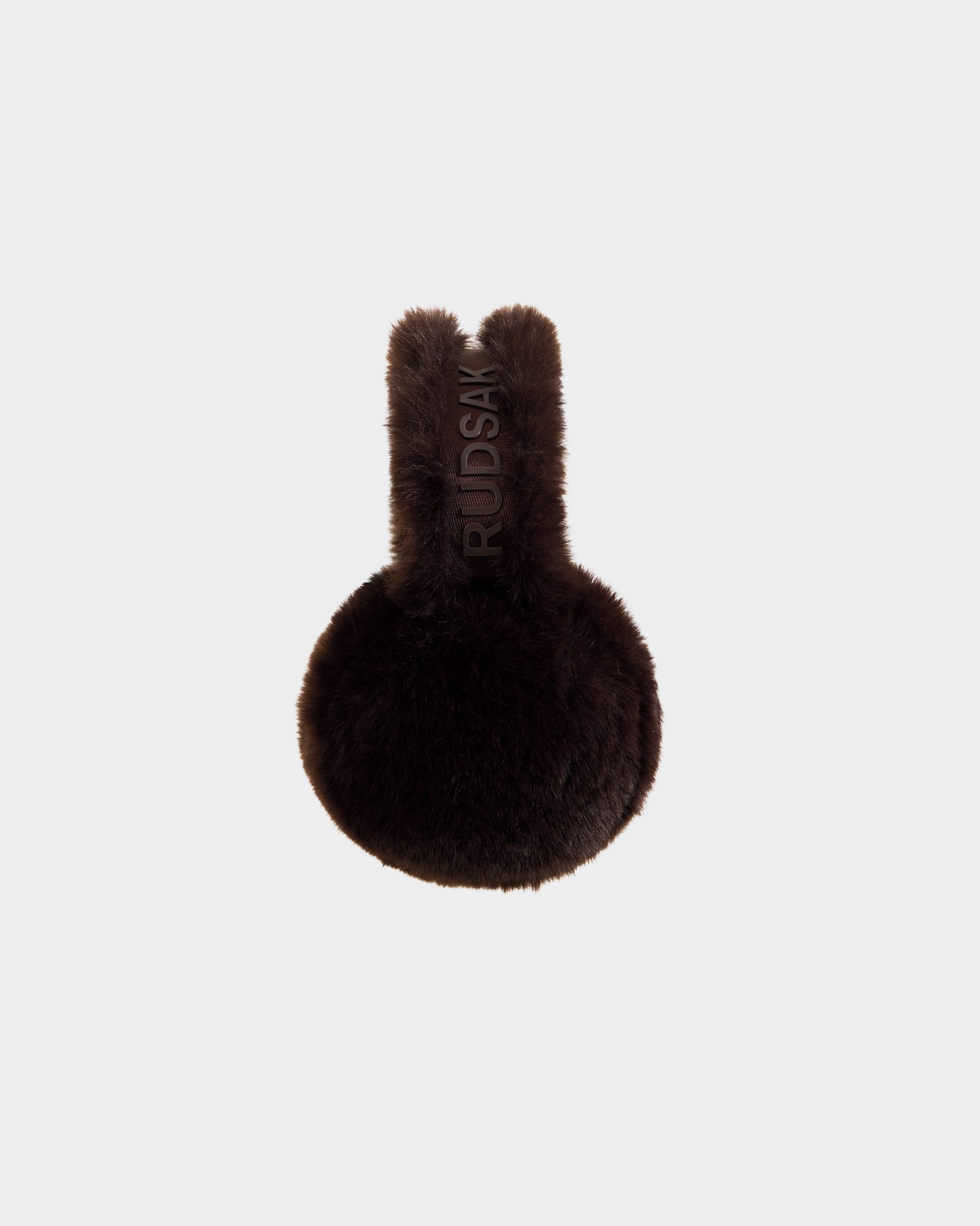 The LAINA F - L423501 Espresso by Rudsak is a round, dark brown faux fur ear muff with vertical bunny ear-shaped pieces and RUDSAK embroidery on one ear, shown against a plain light background—ideal for winter accessorizing.