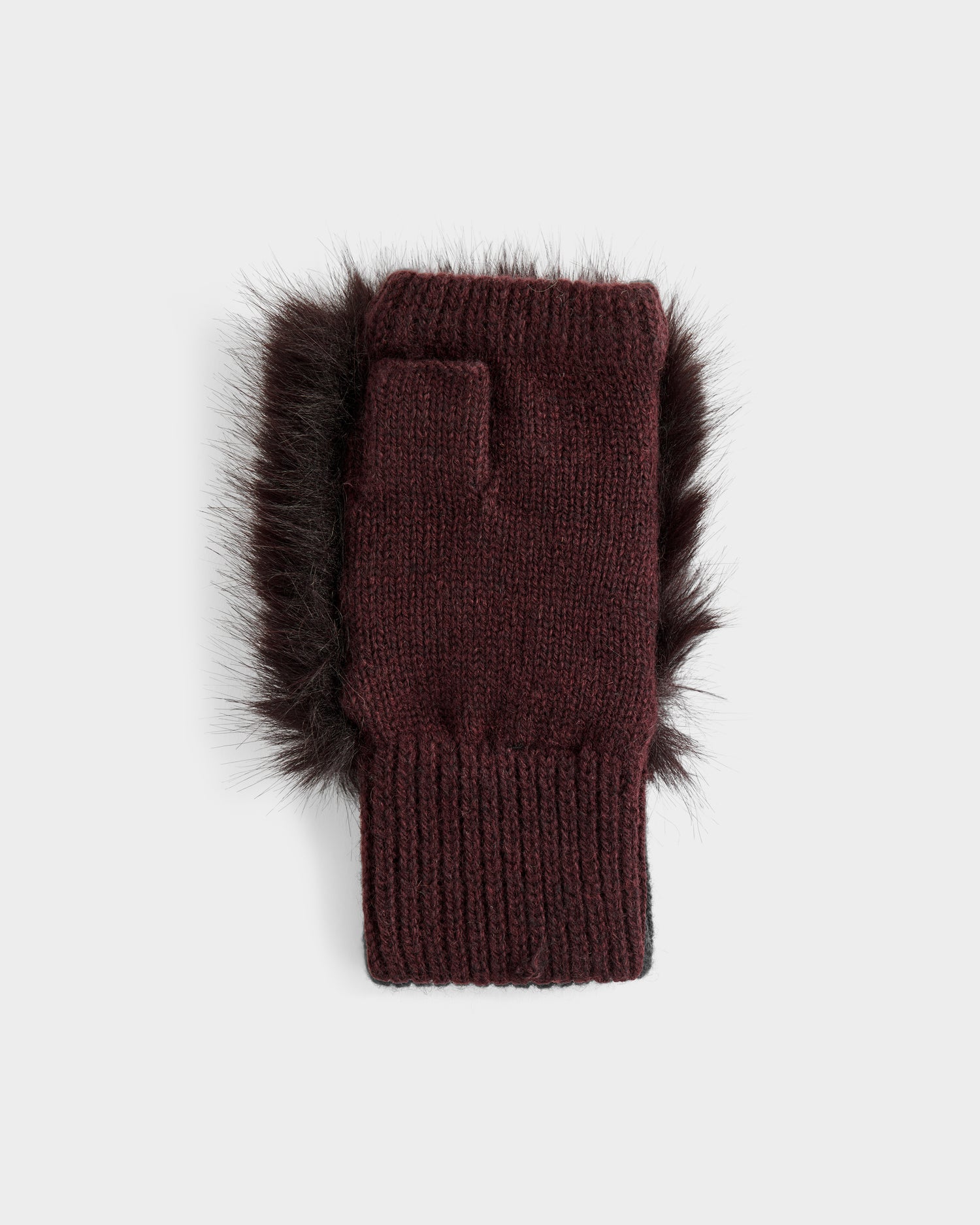 The LIA - 8425007 Bordeaux by Rudsak is a maroon wool-blend fingerless mitten sleeve with ribbed cuff and dark faux fur side trim, shown on a plain light background.