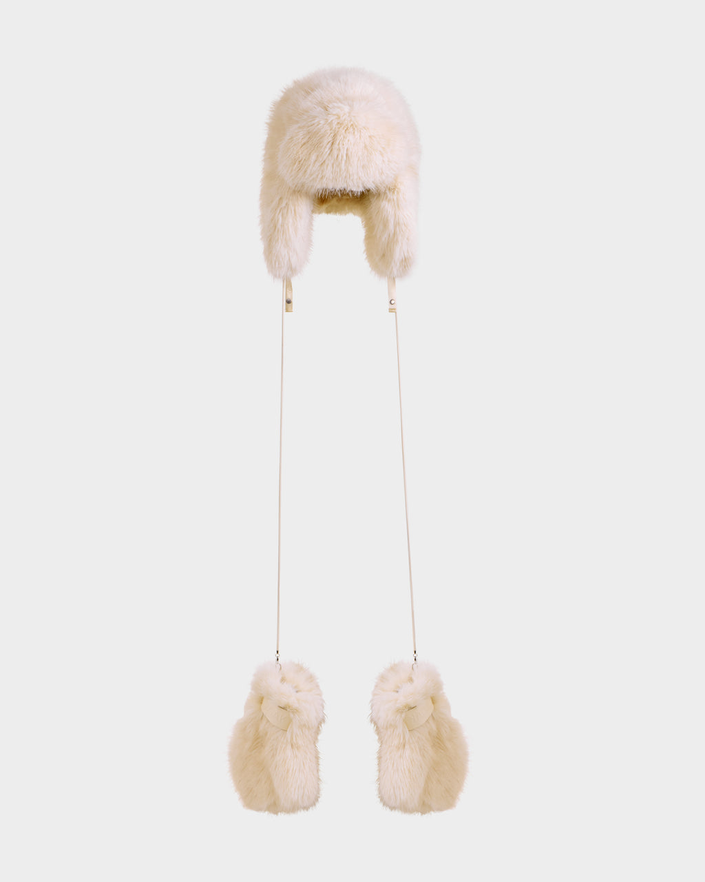 The Rudsak LIRA - 8425024 Vanilla is a cream-colored women’s faux fur aviator hat with ear flaps and matching mittens on long strings, ideal for winter. The set is shown against a plain white background.
