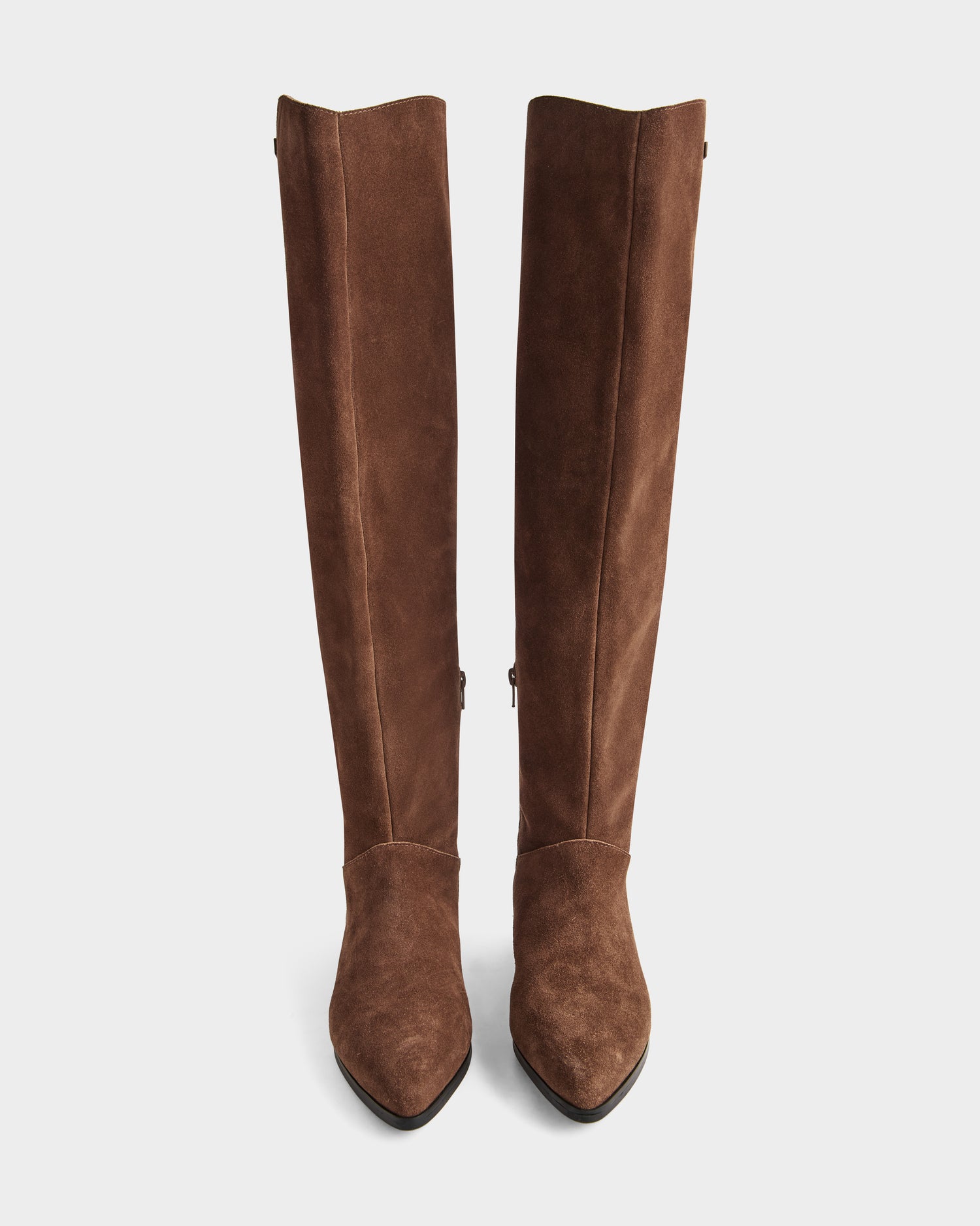 The MARSALLA - 8225033 Mocha women’s suede boots by Rudsak stand upright on a white background, highlighting their tall, pointed-toe silhouette and classic high-shaft style.