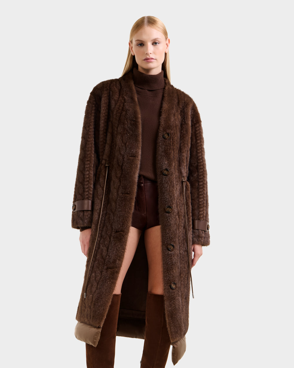 RUDSAK ORIANA Women's Faux Fur Longline Coat - Mocha Cable Knit