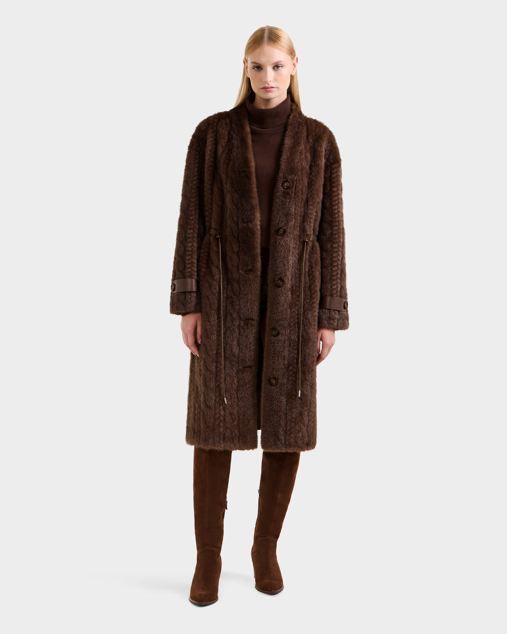 RUDSAK ORIANA Women's Faux Fur Longline Coat - Mocha Cable Knit