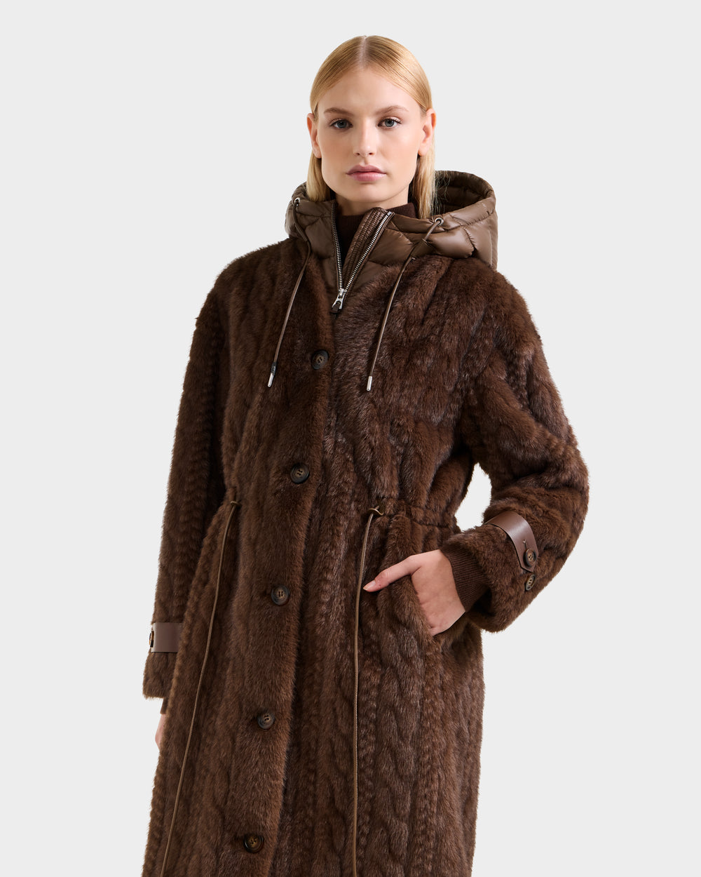RUDSAK ORIANA Women's Faux Fur Longline Coat - Mocha Cable Knit