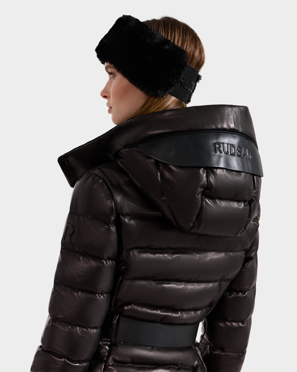 RUDSAK 本革 レザーダウン ジャケット 黒 XS フード ベルト y2k RUDSAK PELIN X Women's Black Leather Quilted Down Puffer Coat