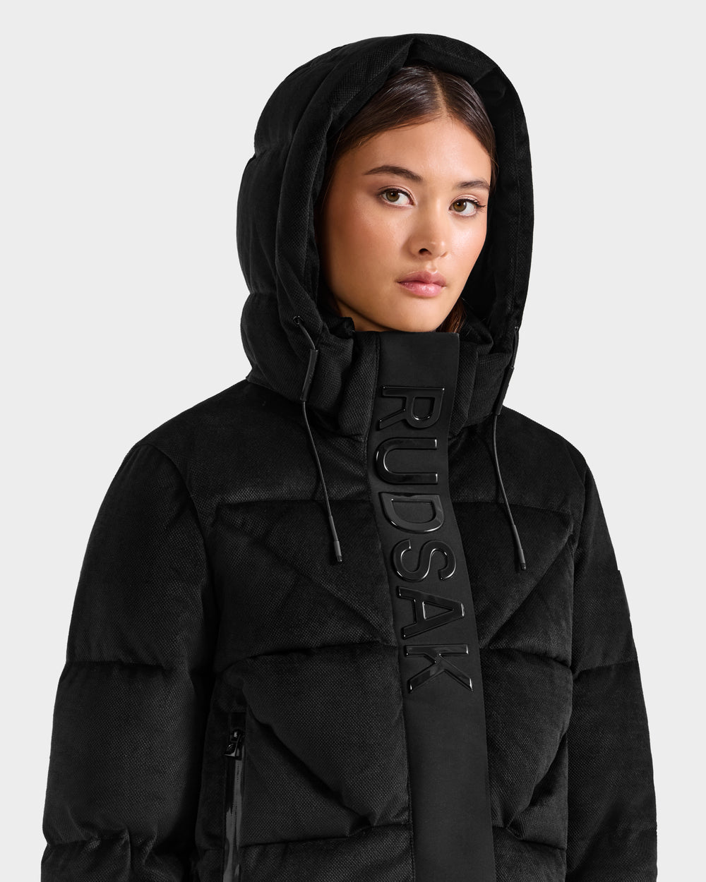 RUDSAK STEFANIE V Black Velvet Down Puffer | Luxe Winter Outerwear