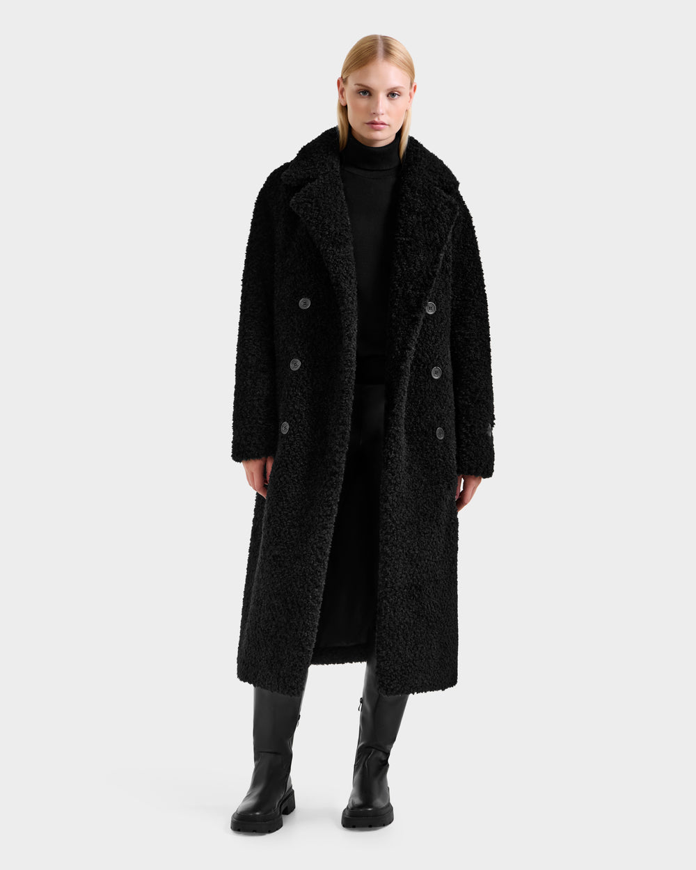 TINA Black Faux Fur Teddy Trench Coat - Luxe & Cozy Women's TINA Black Faux Fur Teddy Trench Coat - Luxe & Cozy Women's