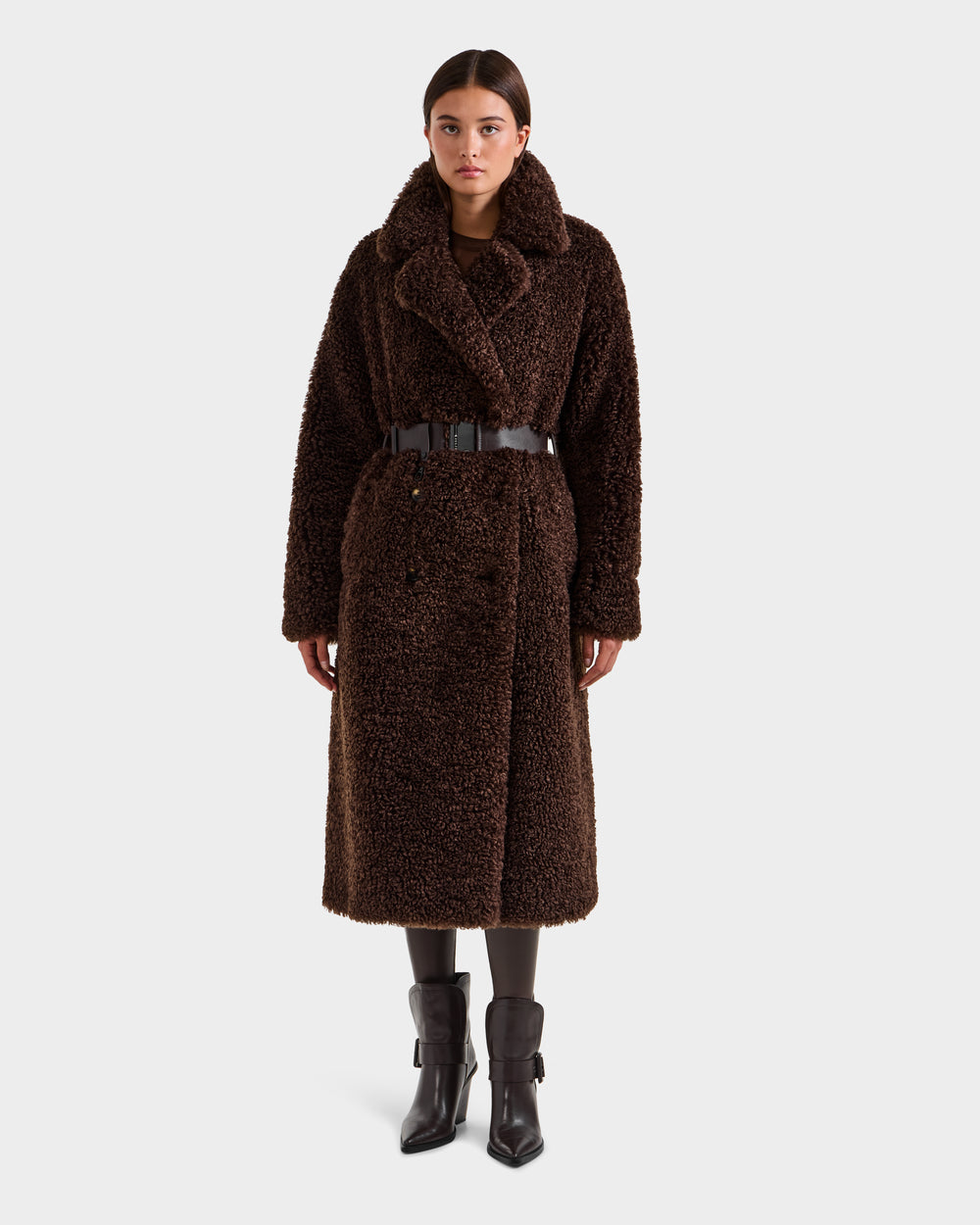 RUDSAK TINA Women's Faux Fur Teddy Trench Coat | Cozy Espresso