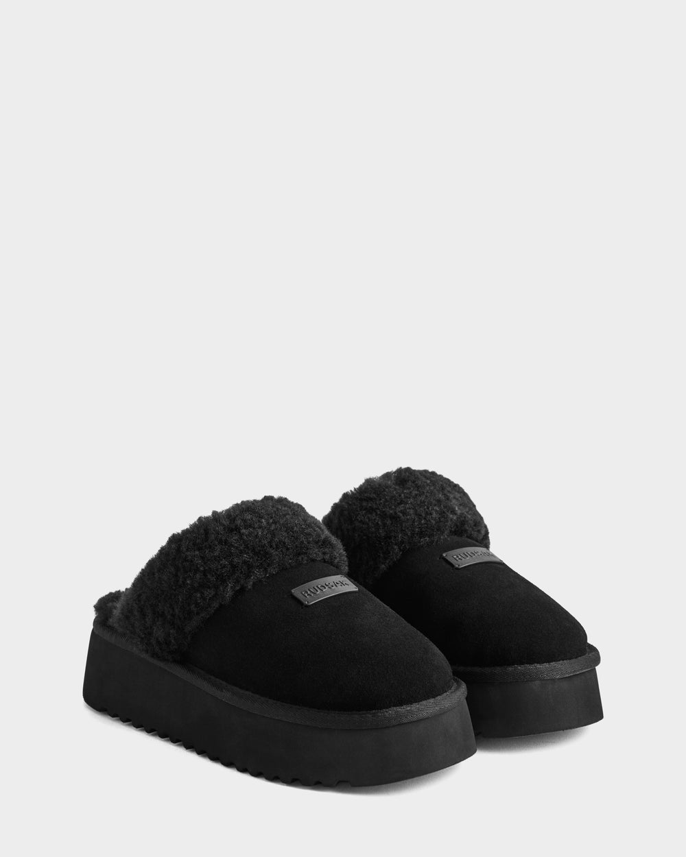 RUDSAK WILMA Black Suede Platform Slippers | Cozy Comfort – Rudsak