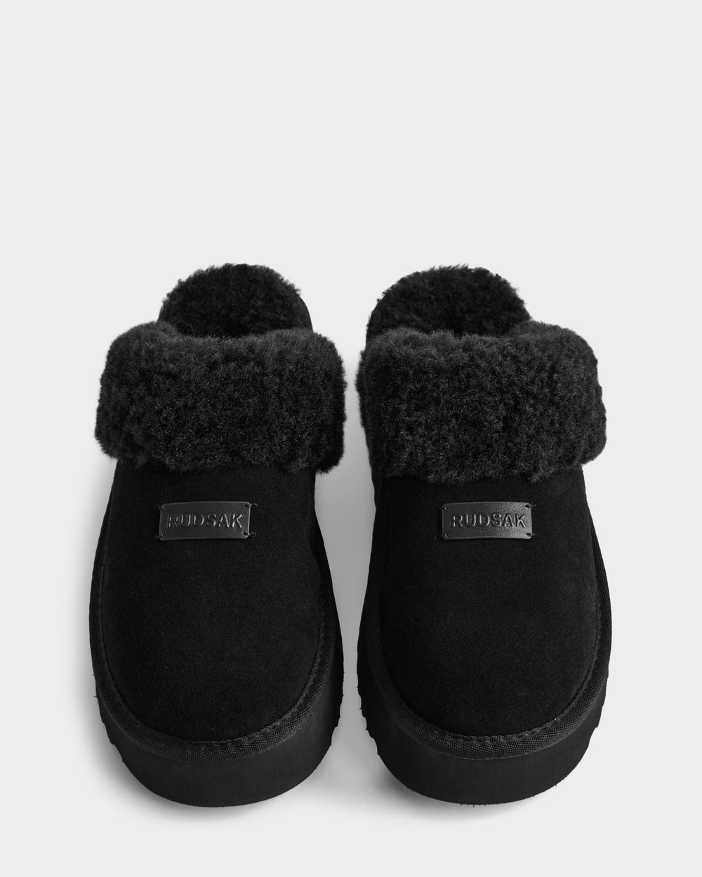 RUDSAK WILMA Black Suede Platform Slippers | Cozy Comfort – Rudsak