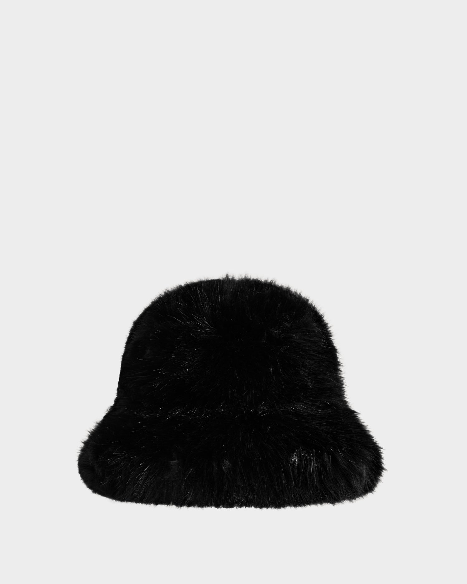 The Rudsak YURI - L425538 Black women’s faux-fur bucket hat with vegan-leather trim is shown on a light gray background, offering stylish warmth as a chic winter accessory.
