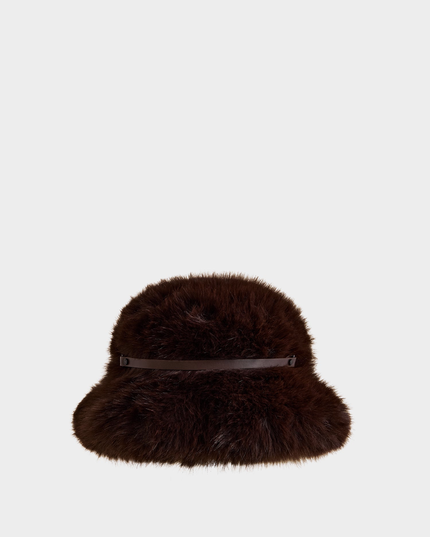 The Rudsak YURI - L425538 Espresso is a dark brown, fluffy faux-fur bucket hat with a smooth vegan-leather trim around the crown, shown against a plain white background.