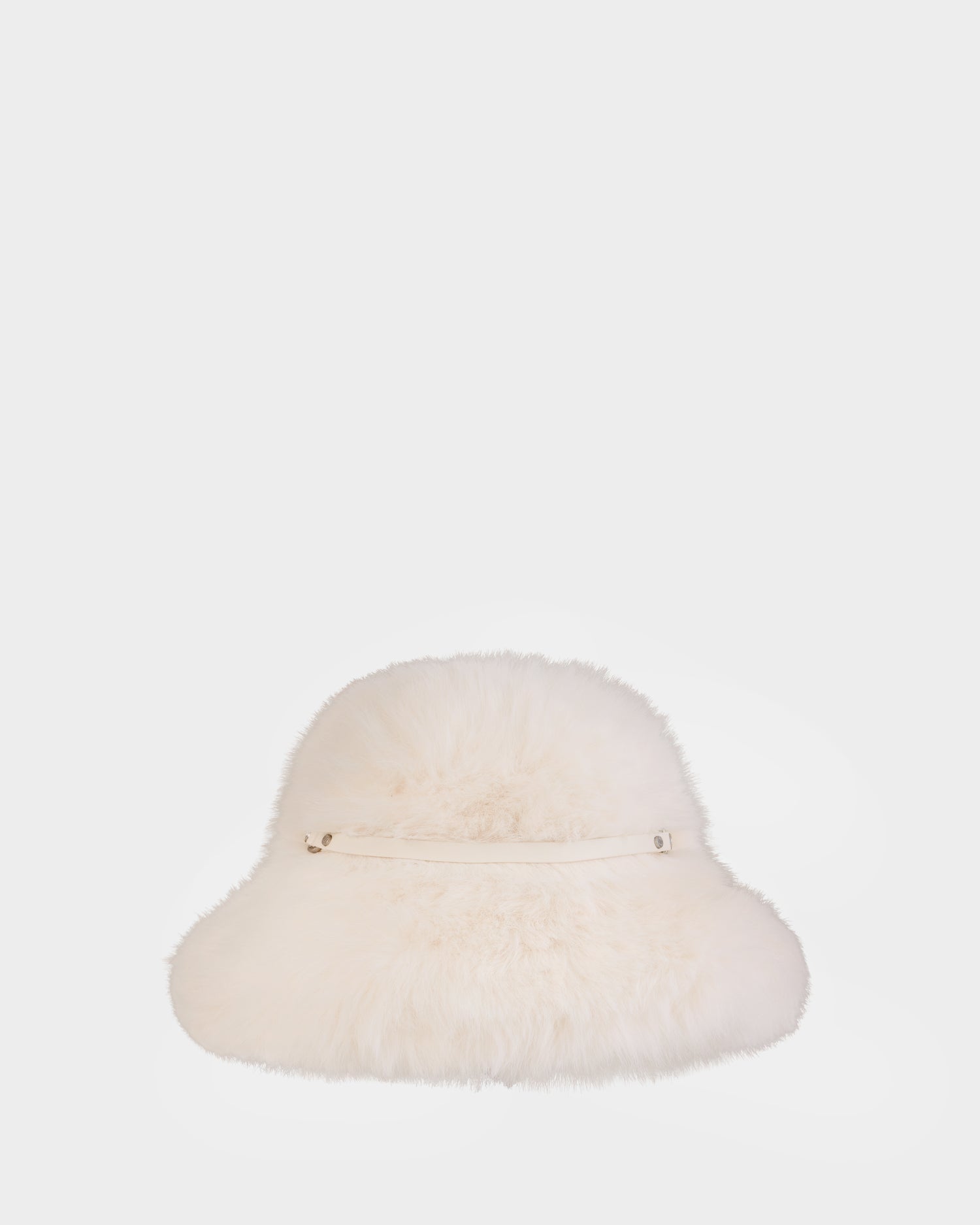 The Rudsak YURI - L425538 Iceland is a fluffy white faux-fur bucket hat, featuring a soft texture, front horizontal zipper pocket with vegan-leather trim, shown against a plain white background.