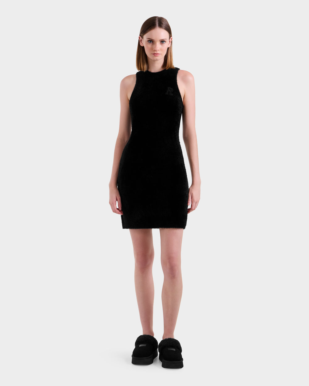 fuzzy black dress COMFY COZY FUR TRIM MINI DRESS IN BLACK – AKIRA main image 1