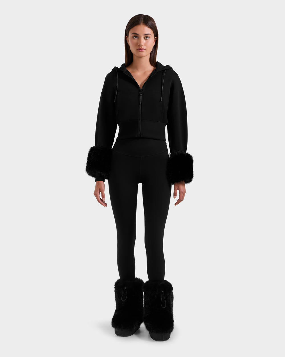 RUDSAK ZILLIA Women's Cropped Zip Hoodie Faux Fur Cuffs Black