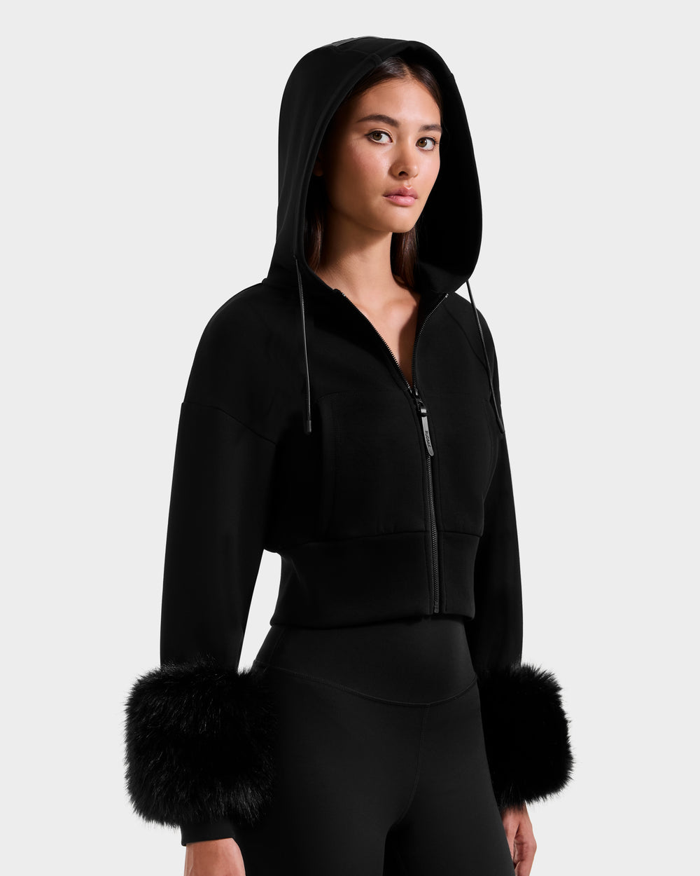 RUDSAK ZILLIA Women's Cropped Zip Hoodie | Faux Fur Cuffs Black RUDSAK ZILLIA Women's Cropped Zip Hoodie | Faux Fur Cuffs Black