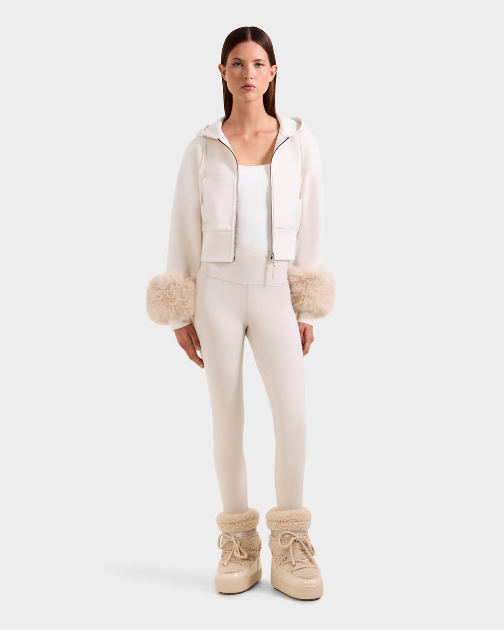 ZILLIA Women's Cropped Hoodie | RUDSAK Faux Fur Cuffs - Vanilla