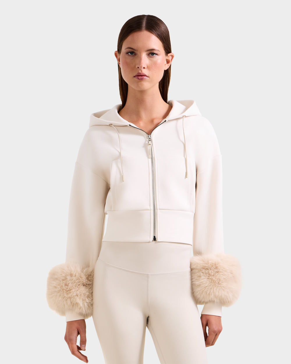 ZILLIA Women's Cropped Hoodie RUDSAK Faux Fur Cuffs Vanilla