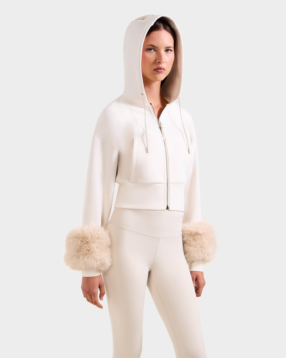 ZILLIA Women's Cropped Hoodie | RUDSAK Faux Fur Cuffs - Vanilla