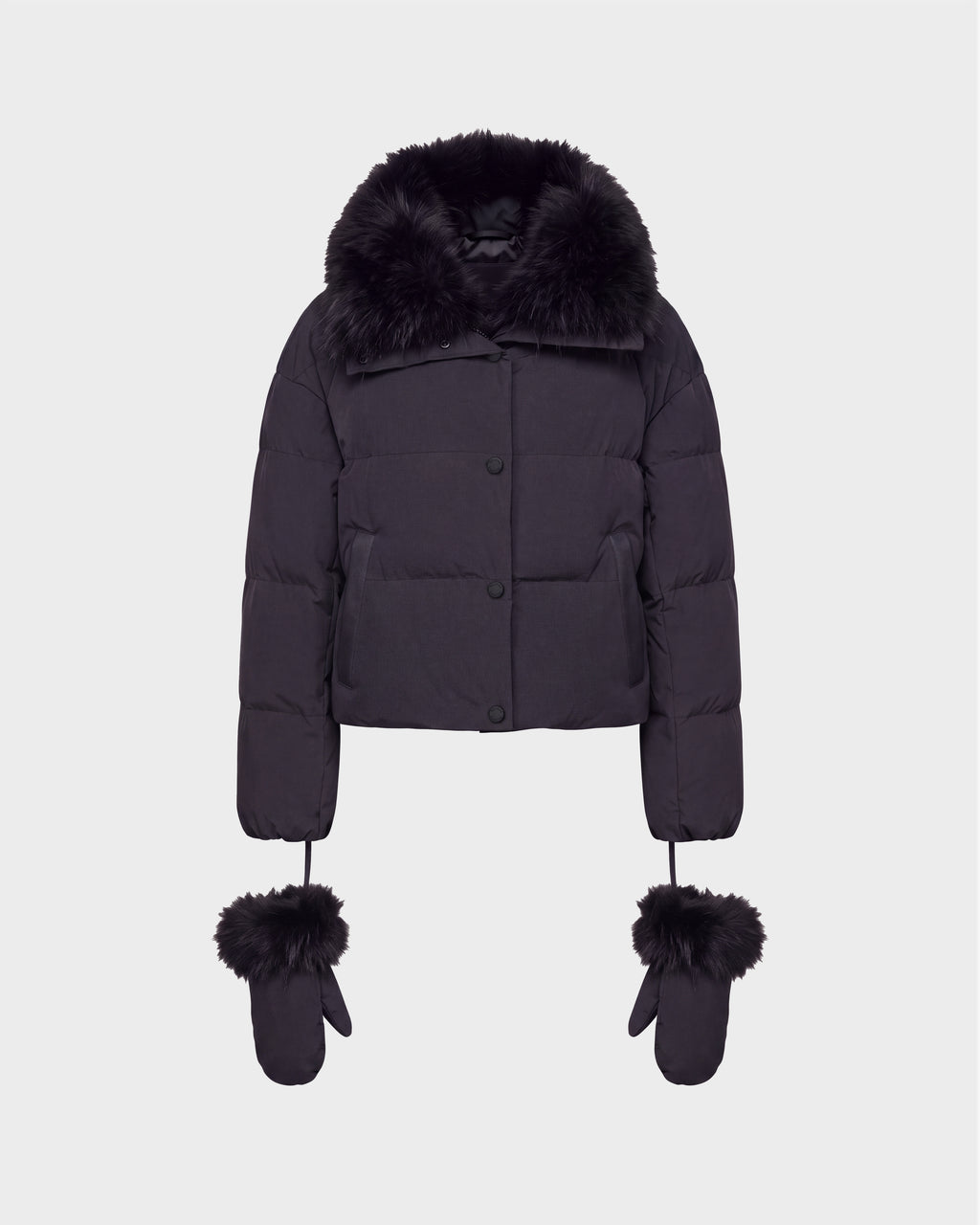 Rudsak ALONDRA - 8126992 Black cropped puffer jacket featuring RDS-certified down, with a fur-trimmed collar and matching fur-trimmed mittens attached by strings.