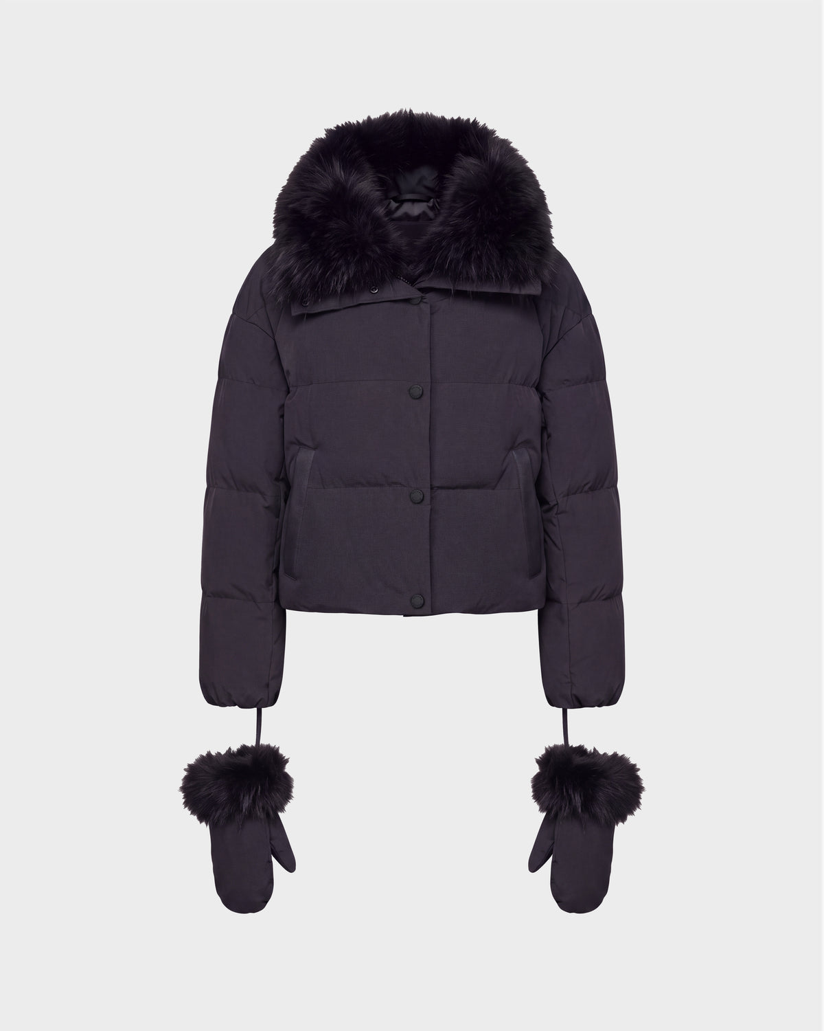 Rudsak ALONDRA - 8126992 Black cropped puffer jacket featuring RDS-certified down, with a fur-trimmed collar and matching fur-trimmed mittens attached by strings.