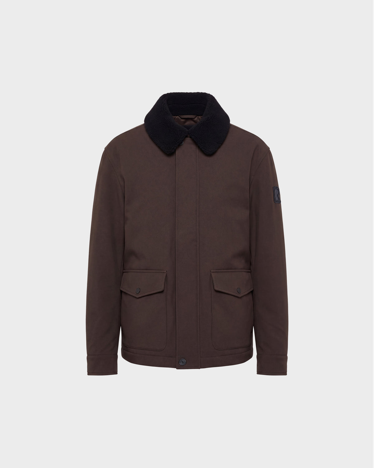 ANTOINE - 6126506 Olive dark brown insulated winter jacket featuring a black faux-fur collar and two flap pockets.