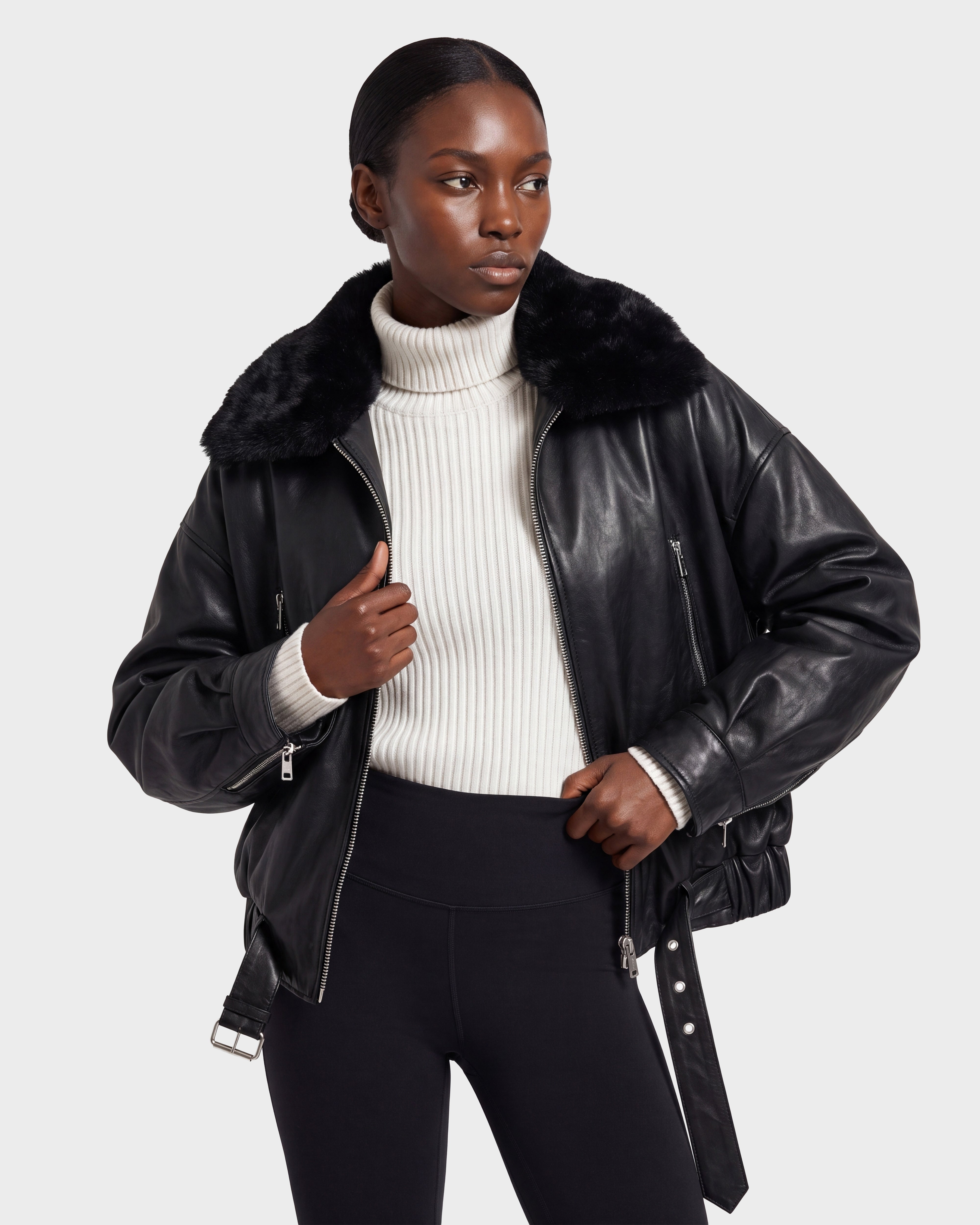 AVITA Black Leather Bomber Jacket – Faux Fur Collar & Belt