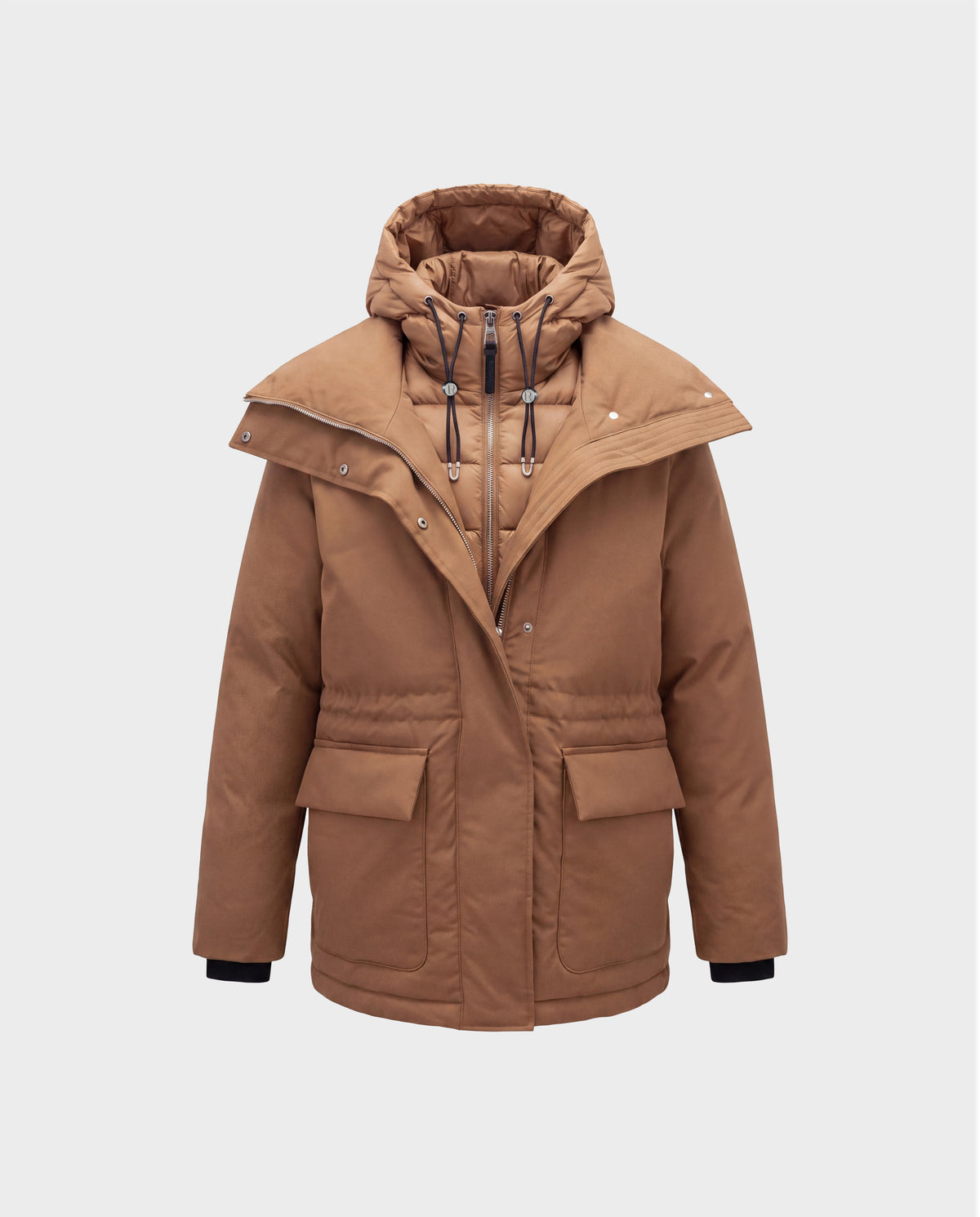 BHIMA - 8126515 Camel hooded winter parka in camel, featuring a layered interior zip-up panel, a wide collar, and two front flap pockets.