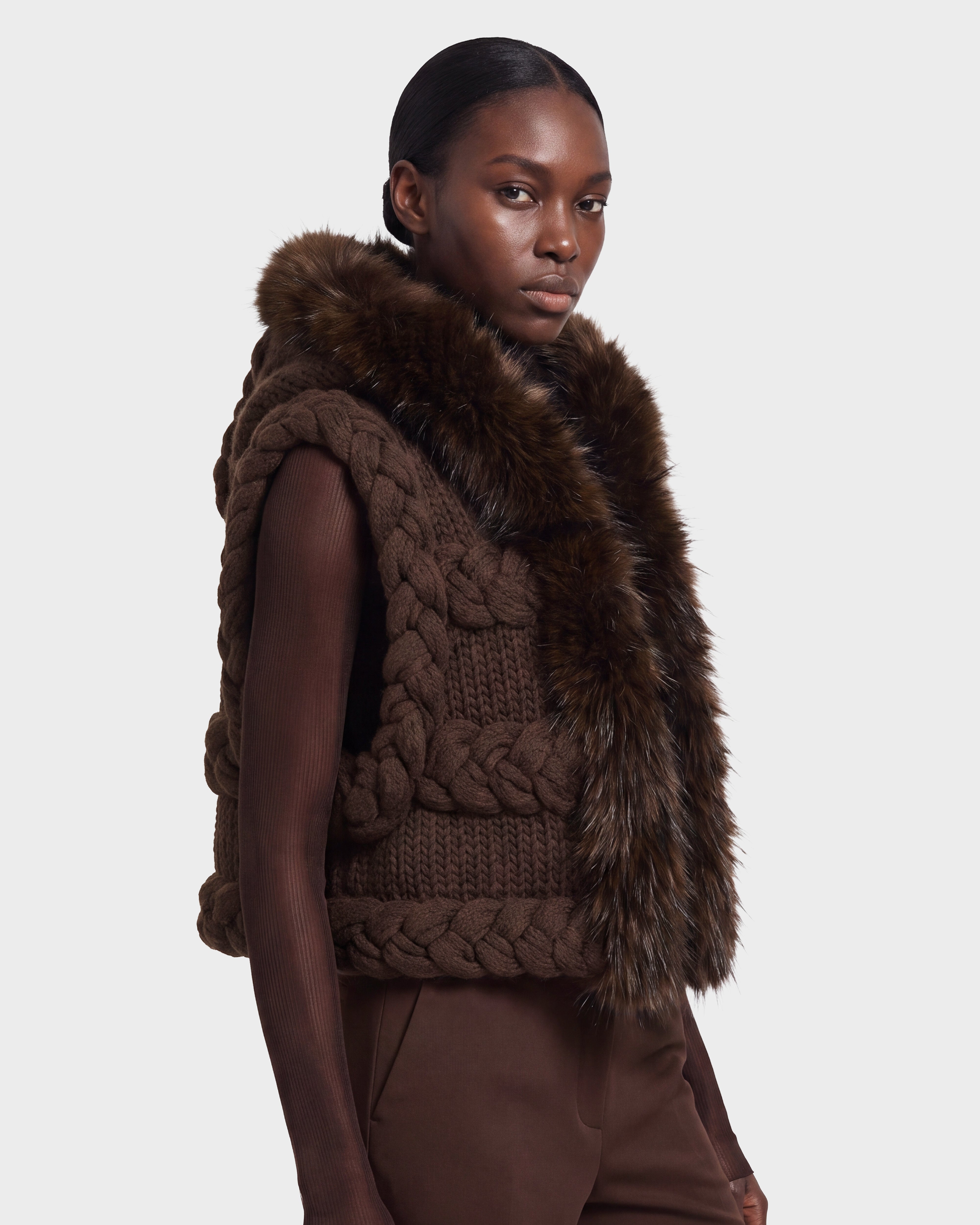 CICELY Espresso Knit Vest – Faux Fur Hood