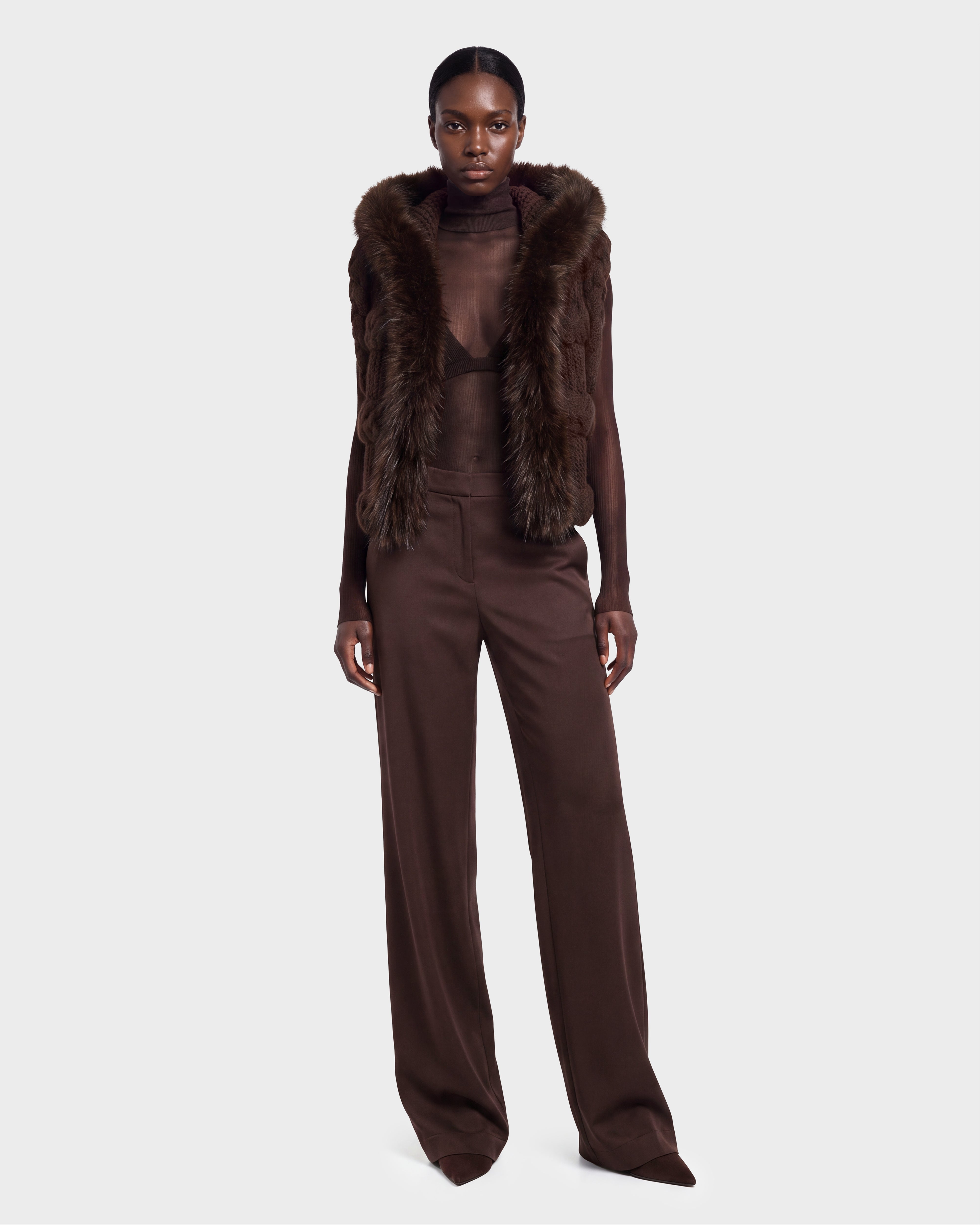 CICELY Espresso Knit Vest – Faux Fur Hood