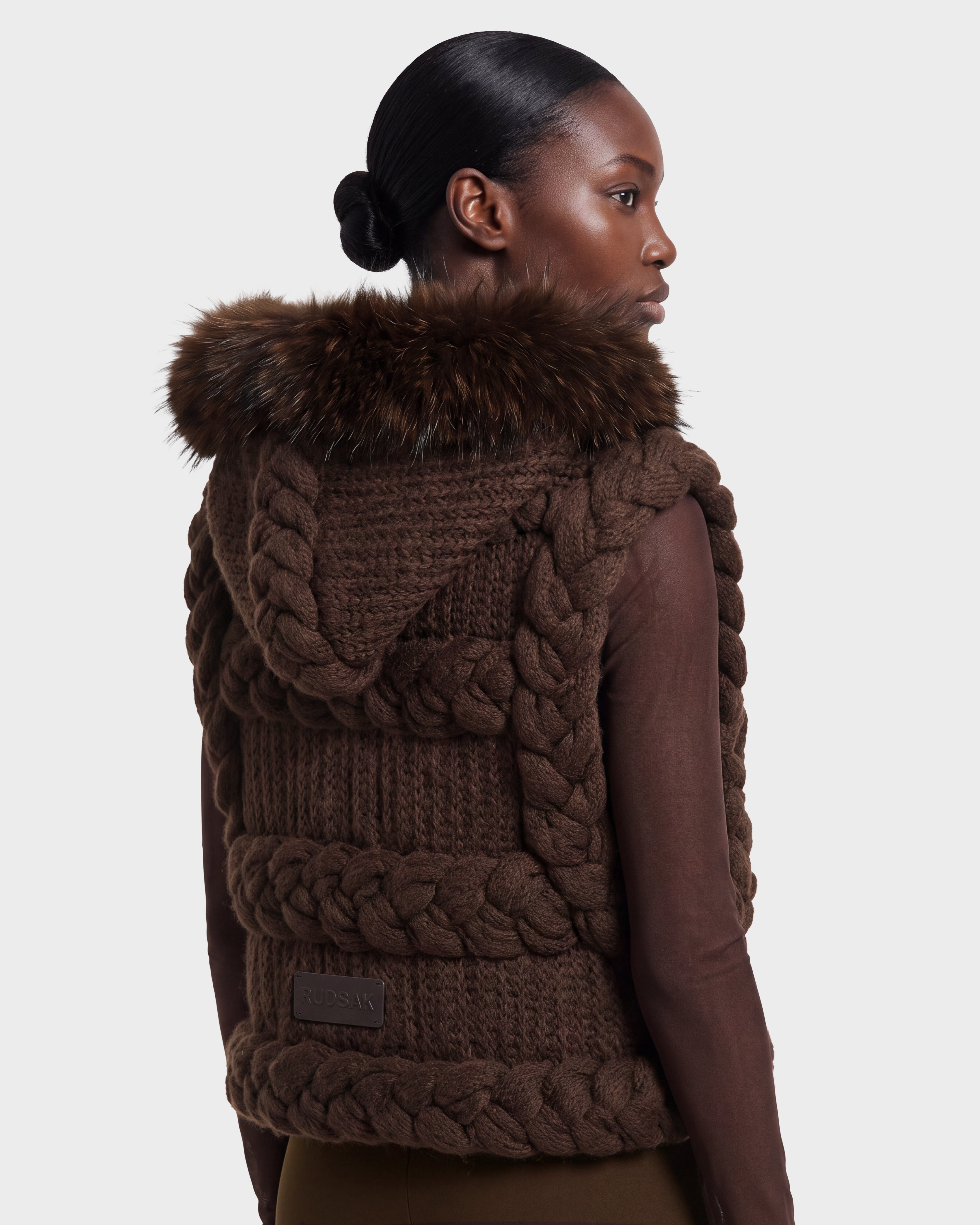 CICELY Espresso Knit Vest – Faux Fur Hood