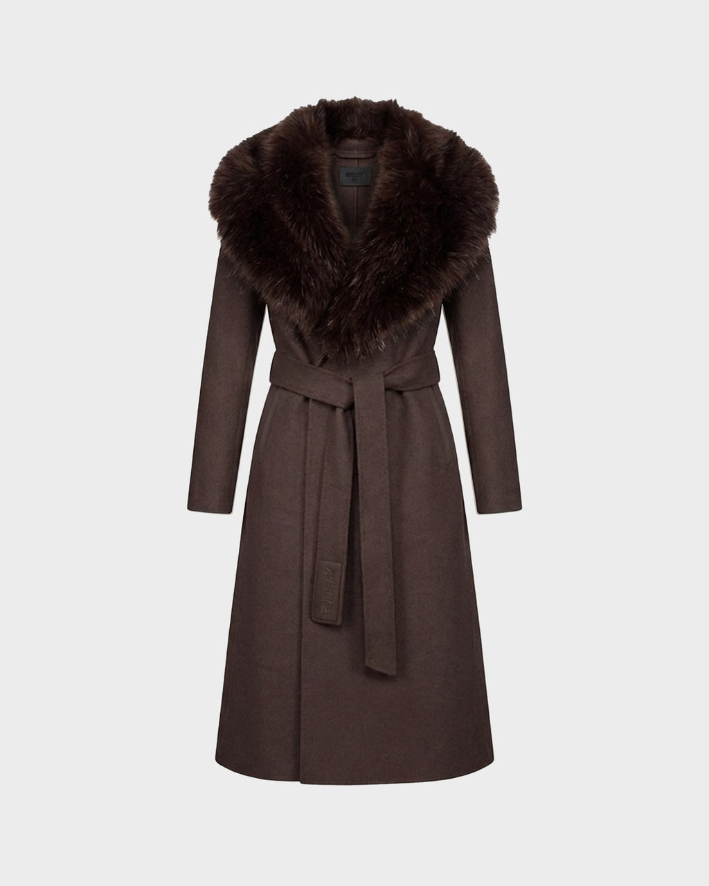The CINDY - 8126526 Heather Cacao by Rudsak is a long brown wool coat featuring a wide faux fur collar and a matching belt tied at the waist, crafted from a luxurious cashmere blend, displayed on a plain light background.