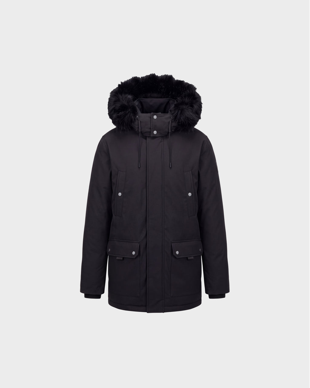 Rudsak EDWARD - 6126501 black winter parka with a faux fur-trimmed hood, front flap pockets, and a zippered closure for extreme cold weather.