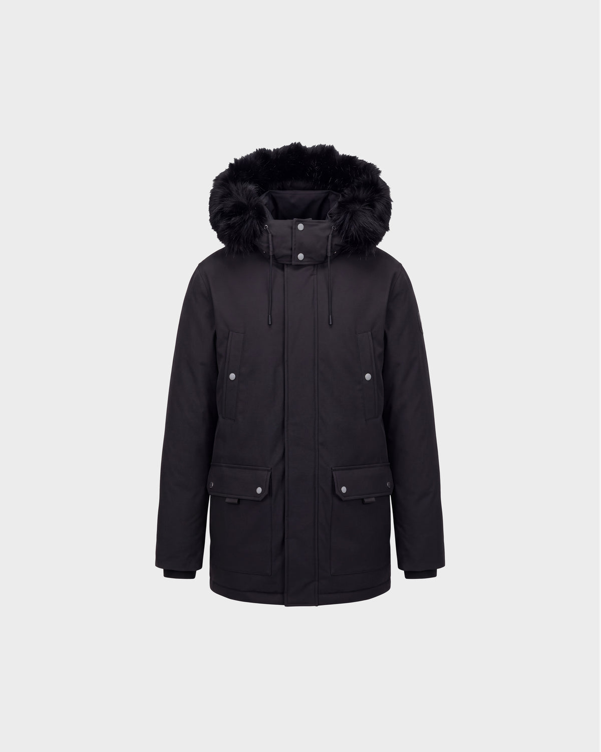 Rudsak EDWARD - 6126501 black winter parka with a faux fur-trimmed hood, front flap pockets, and a zippered closure for extreme cold weather.
