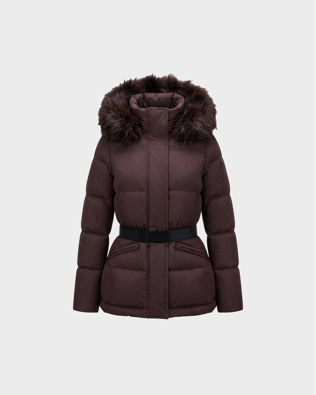 Rudsak GRACE FF - 8126535 Espresso dark brown puffer jacket with a belted waist and a faux fur-lined hood.