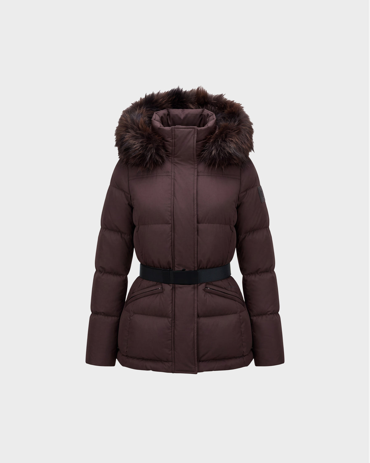 Rudsak GRACE FF - 8126535 Espresso dark brown puffer jacket with a belted waist and a faux fur-lined hood.