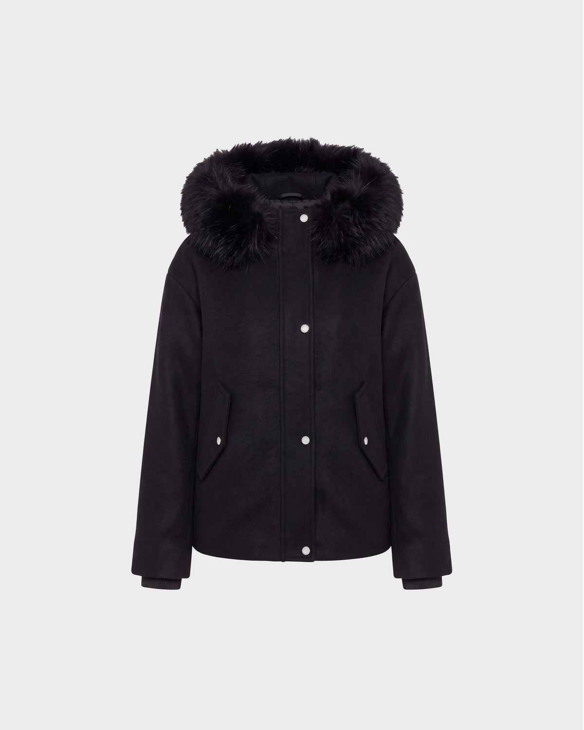 Rudsak HAZEL - 8126981 Black wool-blend hooded jacket with a faux-fur trim, front snap buttons, and side pockets.