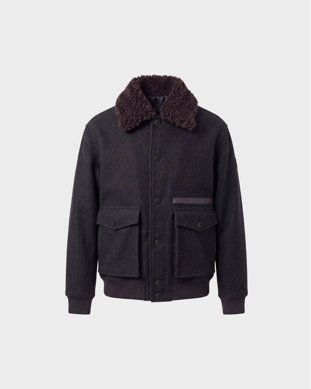 JULIUS - 6126723 Charcoal wool-blend bomber jacket with a dark brown faux-shearling collar, button closure, and two flap pockets.