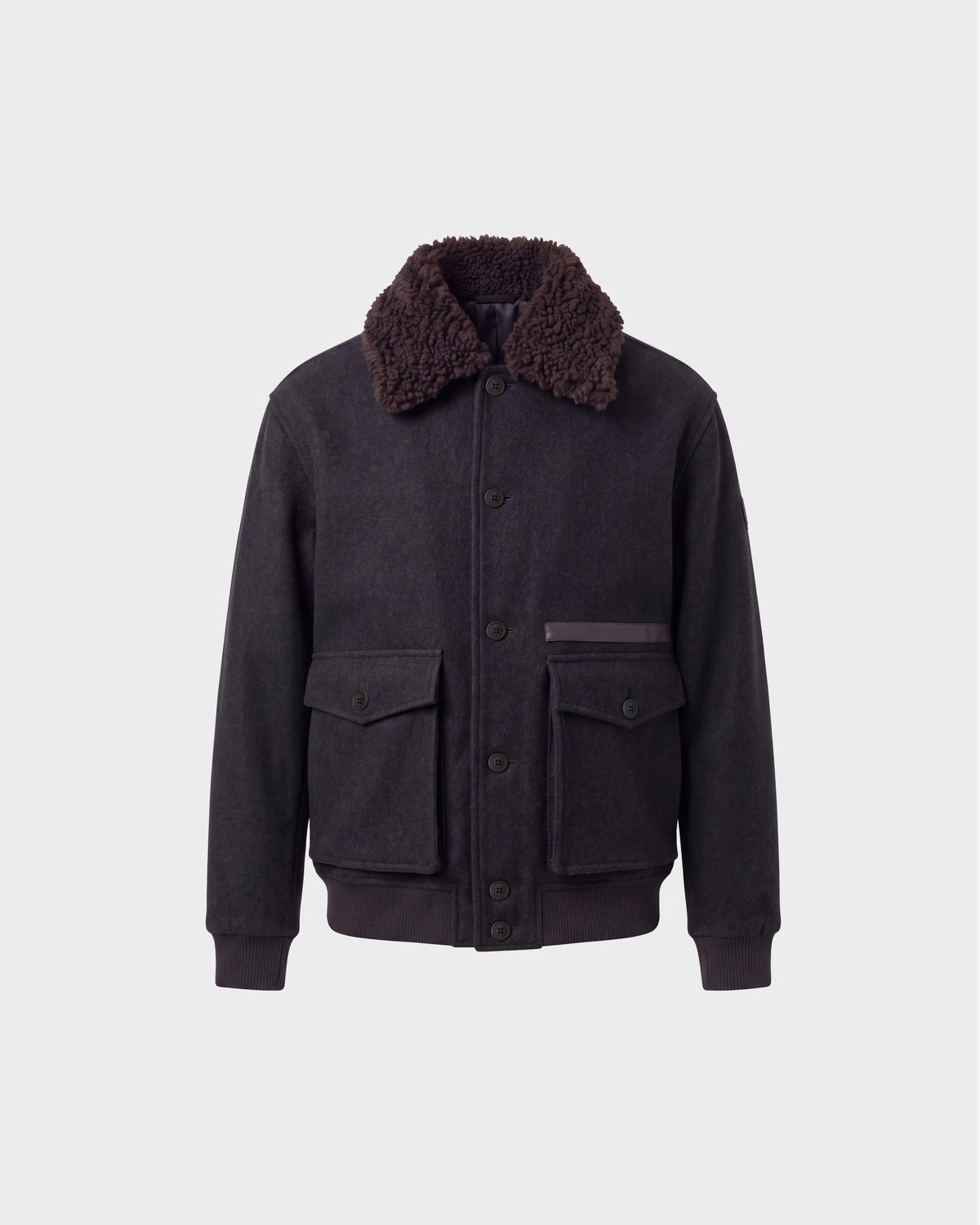 JULIUS - 6126723 Charcoal wool-blend bomber jacket with a dark brown faux-shearling collar, button closure, and two flap pockets.