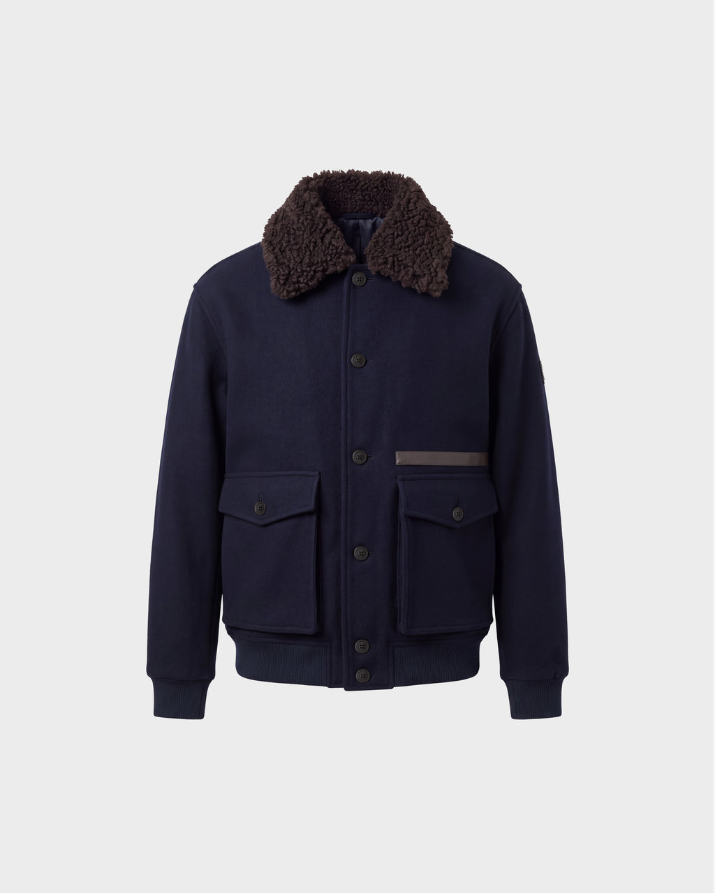 Rudsak JULIUS - 6126723 Navy button-front jacket with a brown shearling-style collar, two large flap pockets, and ribbed cuffs.