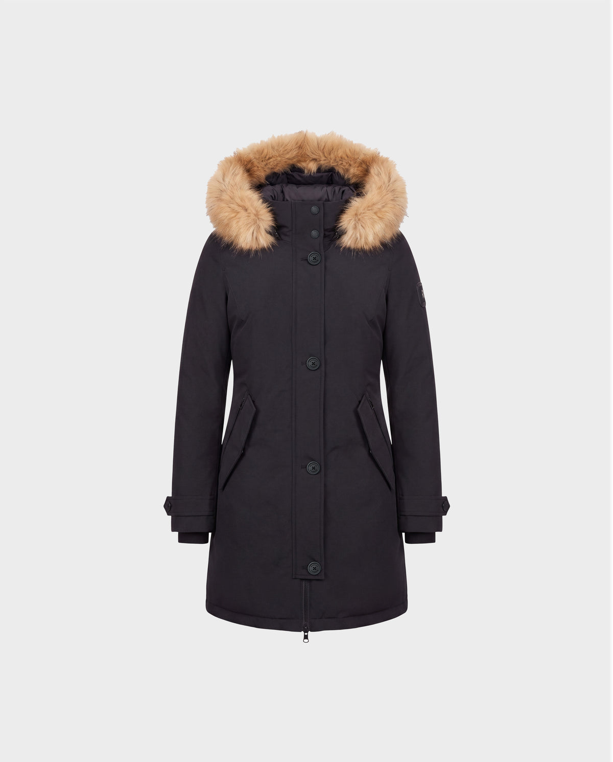 The Rudsak KEYSHIA - 8126517 Black insulated parka features a tan faux fur-lined hood, front button closure, and two side pockets, displayed on a plain white background.